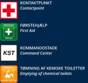 FØRSTEHJÆLP First Aid KONTAKTPUNKT Contactpoint KOMMANDOSTADE Command Center TØMNING AF KEMISKE TOILETTER Emptying of chemical toilets